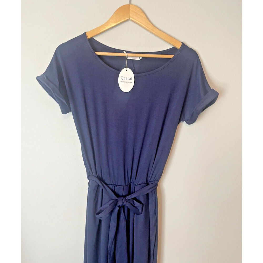 Qearal Women 3/4 Sleeve Belted Dress Elastic Waist Slit Long Maxi Dress XS New - Picture 3 of 6